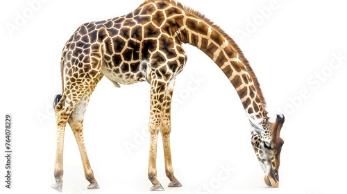 A graceful giraffe bending down to meet the eye of the viewer, gentle and serene against a pure white background.