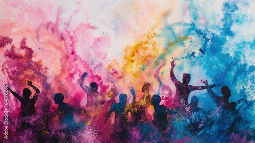 Grupa dobrze bawiących sie sylwetek ludzi stoi przed kolorowym dymem, przypominającym święto kolorów Holi. W tle widać tancerzy poruszających się do rytmu muzyki.