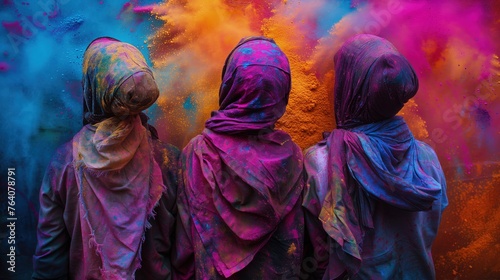 Trzy dziewczyny w hidżab stojące obok siebie w rzędzie sa obsypane intensywnymi barwami, tworząc kontrastowe i dynamiczne zdjęcie w dniu Holi