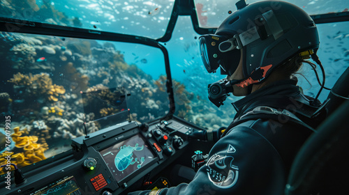 The image shows a focused pilot in a wetsuit maneuvering a submarine, surrounded by a vivid underwater landscape