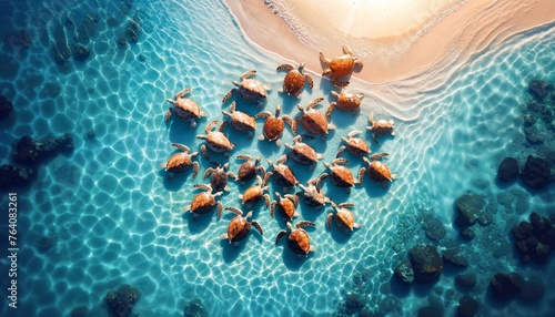 Sea turtles gathering in a crystal lagoon from above, sun casting glimmers on the water. Clear blue waters, harmonious turtle formation, serene ocean view.