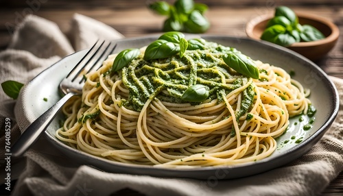 spaghetti pasta with pesto sauce over rustic table 