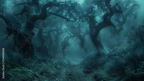 Mystical forest path with twisted trees in fog