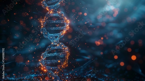 DNA molecule helix with red human heart. Concept of hereditary heart diseases and genetic diseases diagnosis. Gene editing, biotechnology engineering. Wireframe light structure modern.