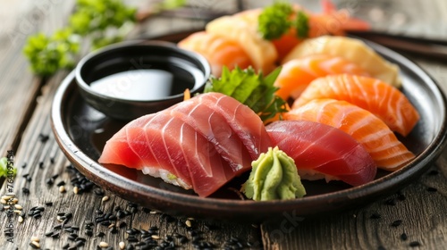 A plate of colorful sashimi slices accompanied by a small bowl of soy sauce and a dollop of green wasabi