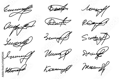 Set of autograph fictitious, handwritten fake signature. Isolated doodle on white background, vector illustration