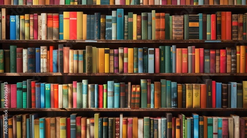 An extensive collection of vibrant, colorful books neatly organized on wooden shelves in a library, showcasing the variety of literature available