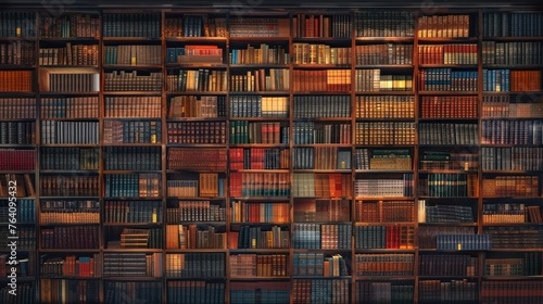 A detailed image showcasing an extensive collection of books arranged in a wooden bookshelf, casting a warm ambient atmosphere perfect for backgrounds or concepts