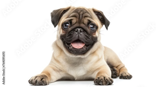 This charming image captures a pug puppy lying on its belly, looking directly with a playful and joyful expression, showcasing the breed's distinct features