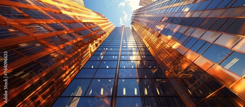 ground looking skyward at towering modern skyscrapers bathed in golden sunlight reflecting off the glass windows
