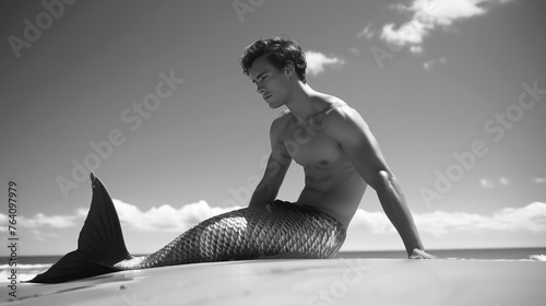 Monochrome 1960s style male mermaid / merman with intricate tail on a beach. 