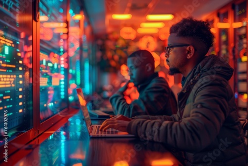 Two young tech enthusiasts are immersed in coding on their laptops in a cyber cafe bathed in the neon blue glow of data screens.