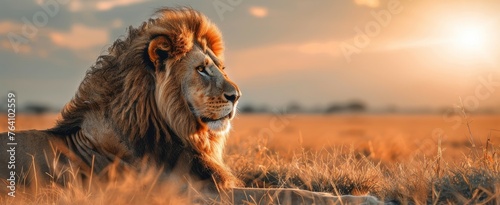 A majestic lion rests in the savanna, its mane illuminated by the last rays of the setting sun, radiating the dignified essence of the wild African landscape.