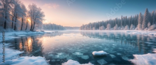 Frozen lake in winter beautiful nature scenery landscape from Generative AI