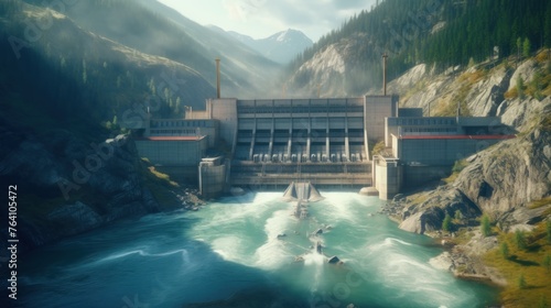 Hydroelectric dam on the river, water discharge from the reservoir, aerial photography.