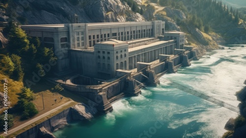 Hydroelectric dam on the river, water discharge from the reservoir, aerial photography.