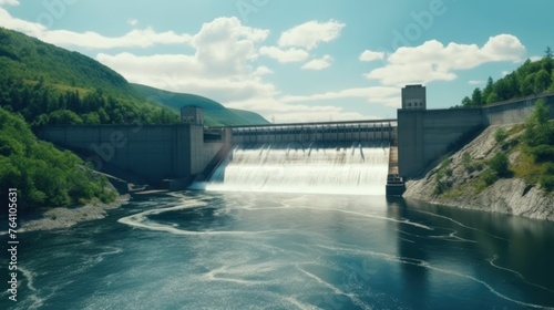 Hydroelectric dam on the river, water discharge from the reservoir.