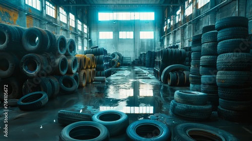 Old tires lie in warehouse after being used, Old tires and garbage in the basement of the garage.