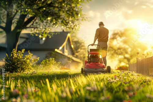 a man mows the lawn with a lawnmower on his plot next to his house