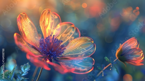 In the wild, a vibrant and translucent flower of love blooms, resembling a fantasy.