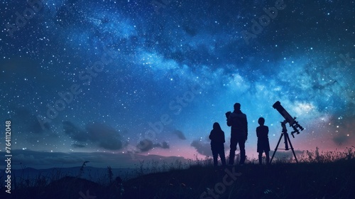 group of people observing stars with a telescope at night on a hill with the starry sky in high resolution and high quality