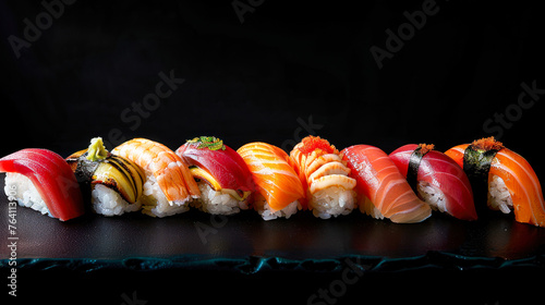 Delicious sushi set on black background. Japanese cuisine. Sushi and rolls set over dark background. seafood. Restaurant menu. sushi set nigiri, sashimi