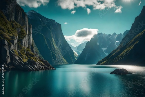 A breathtaking fjord surrounded by towering cliffs, with the calm waters reflecting the dramatic landscape.
