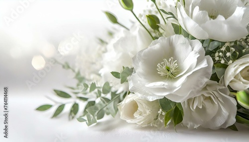 Bukiet białych kwiatów i gałązek eukaliptusa na białym tle