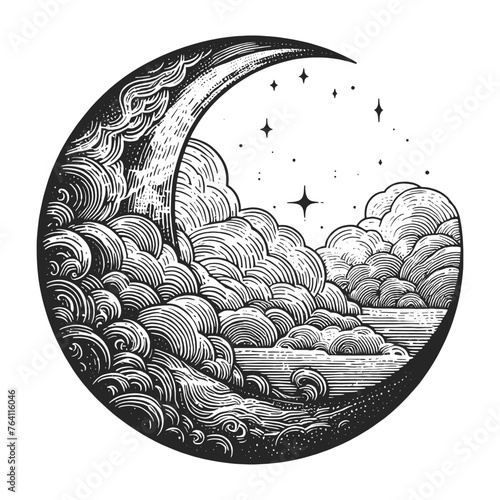 Vintage celestial engraving of a crescent moon encompassing a sun with swirling clouds and stars. Sketch engraving generative ai vector illustration. Scratch board imitation. Black and white image.