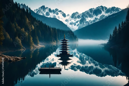 A serene lake mirroring a snow-capped mountain range with a solitary pagoda nestled by the water's edge.