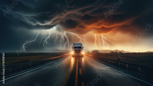 A car driving on highway with bright lightning strike in a thunderstorm at night.