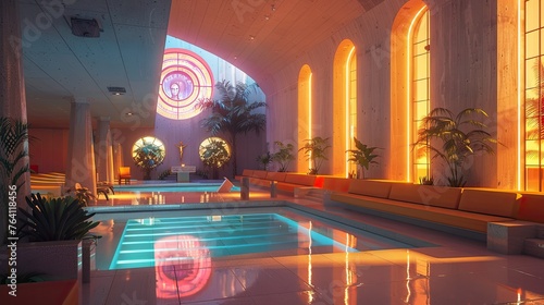 A modernist church with neon spiritual motifs and peaceful prayer areas