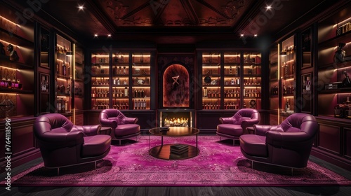 A sophisticated cigar lounge with rich neon burgundy lighting and leather chairs