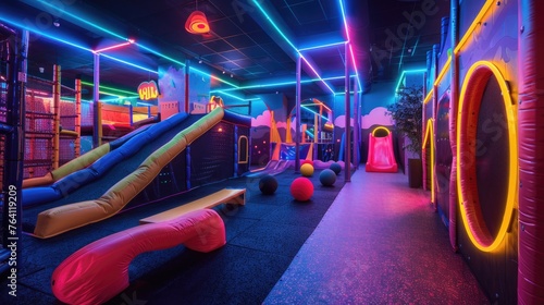 Neon jungle gym with colorful lighting and fun obstacle courses