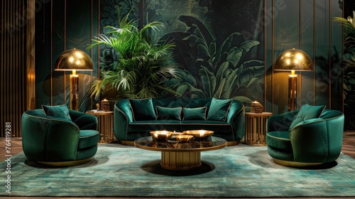 Rich gold and emerald green lounge with velvet sofas and gold lamps