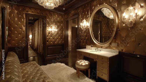 Old Hollywood glamour dressing room with vanity mirror and plush seating