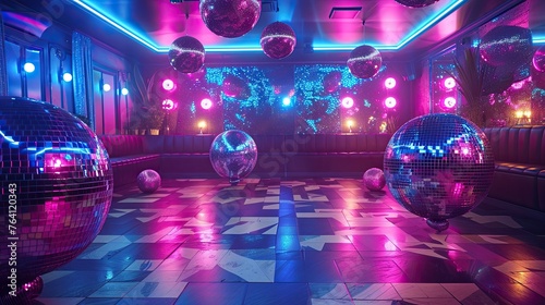 A festive party room with fun neon fuchsia lighting and disco balls