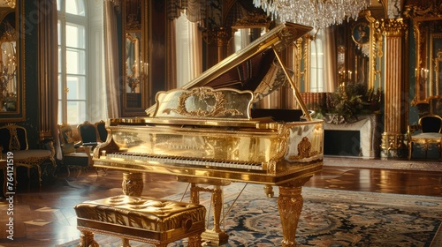 Luxurious gold leaf detailing on a grand piano in a music room