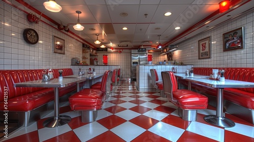 Retro 1950s diner themed kitchen with checkered flooring and classic booth seating