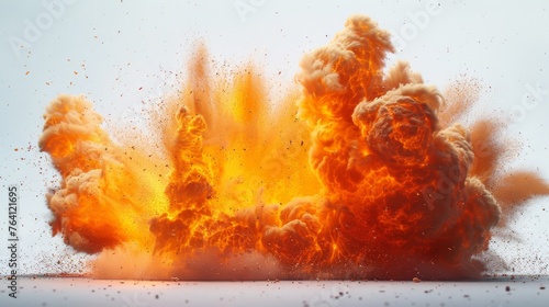 Fire explosion with sparks and smoke against white background