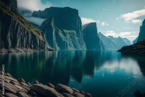 A breathtaking fjord surrounded by towering cliffs, with the calm waters reflecting the dramatic landscape.