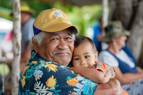 Grandpa in a Hawaiian shirt and baseball cap hugging his grandson close at a family gathering