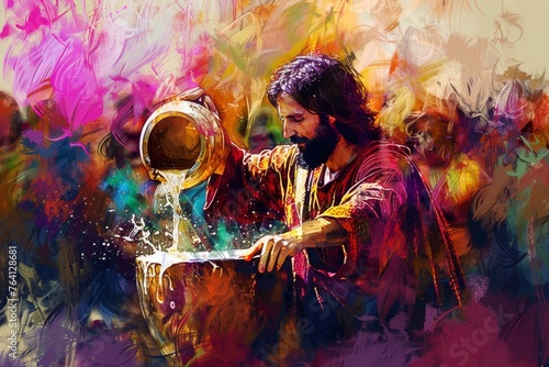 A vibrant, digital painting of Jesus Christ performing the miracle of turning water into wine at the wedding at Cana.