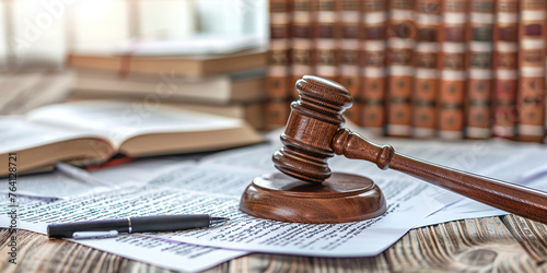 A gavel rests on a graph of legal documents