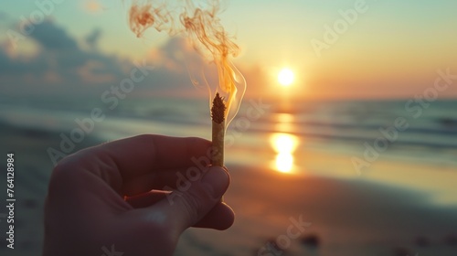 A smoking cannabis cigarette with sunset beach