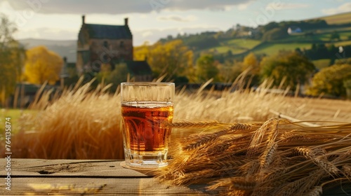 Glass of whiskey on a wooden table with wheat sheaves in the foreground and a scenic view of rolling hills and a farmhouse in the background during sunset.