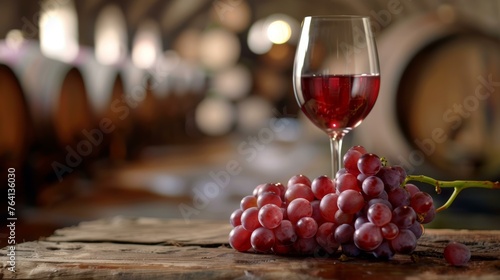 Glass of red wine with grapes on a wooden table in a traditional wine cellar