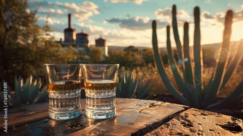 Two glasses of whiskey on a rustic wooden table with a backdrop of cacti and a warm sunset.
