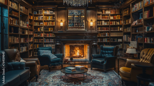 Cozy library room with fireplace and vintage bookshelves