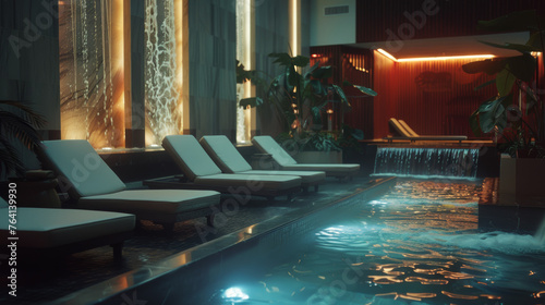 Elegant spa interior with poolside loungers and cascading water